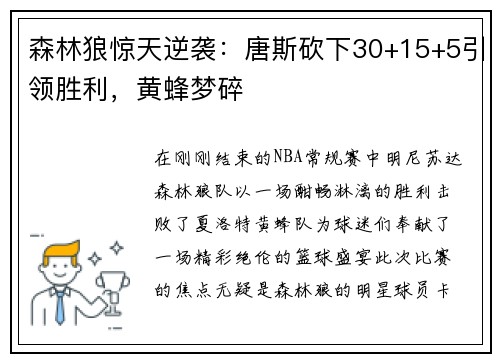 森林狼惊天逆袭：唐斯砍下30+15+5引领胜利，黄蜂梦碎